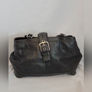 Coach Hamilton Black Leather Tote Bag with Silver Accents